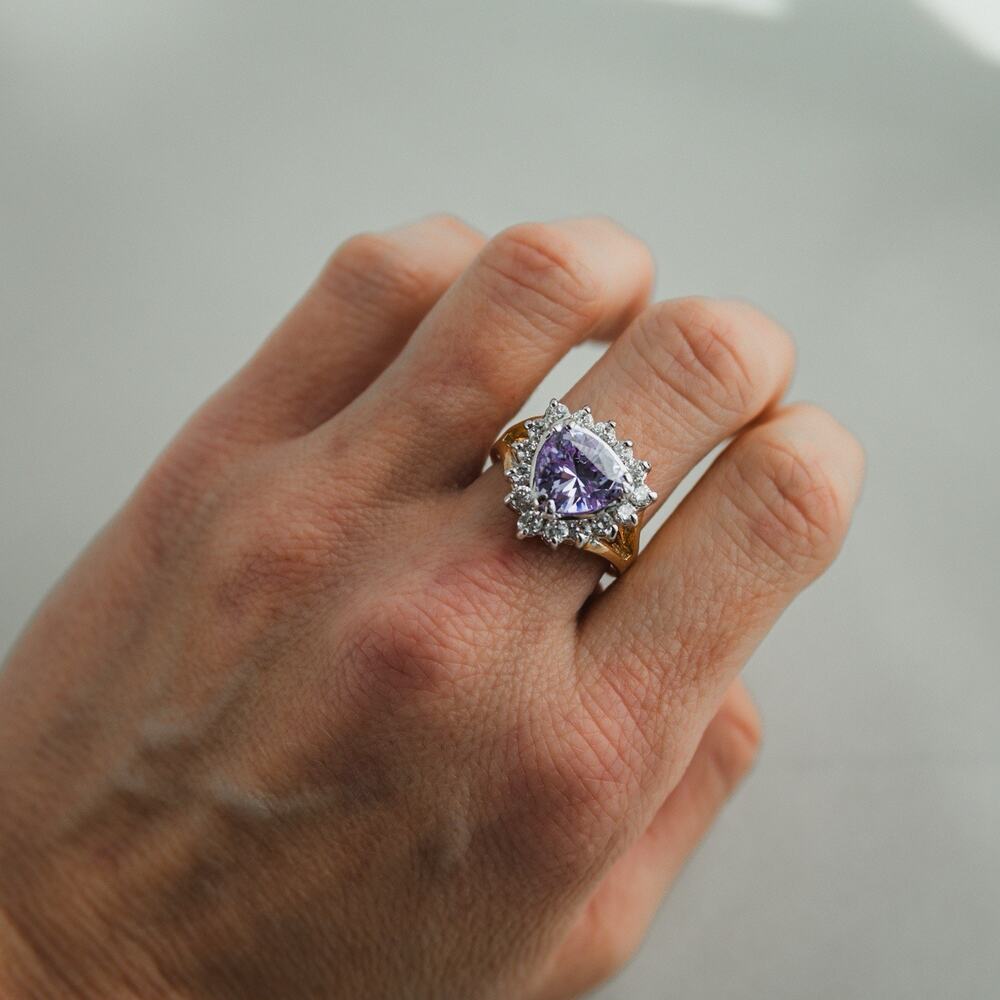 NOS Vtg Purple CZ Heart Halo Ring 14K GE Statement Ring Size 8 NEW (other)